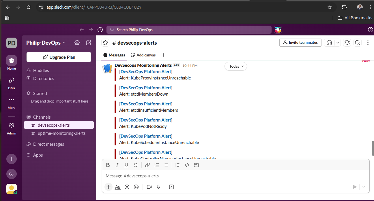 Slack devsecops alerts channel receiving platform monitoring alerts