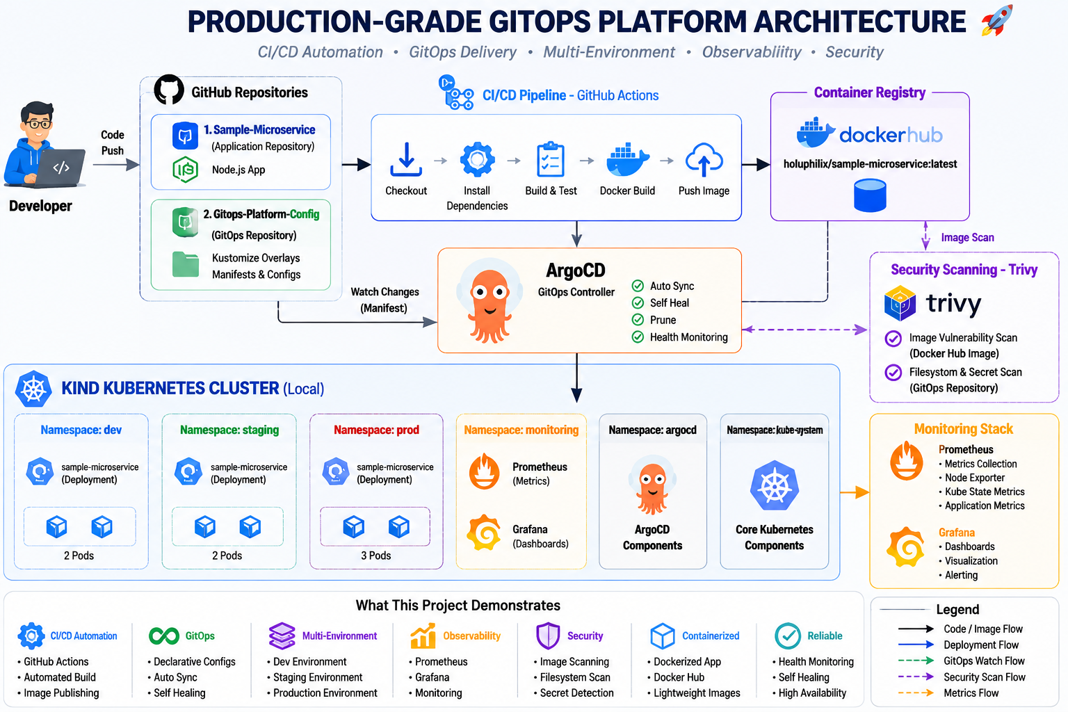Architecture diagram for the Production-Grade GitOps Platform showing deployment automation, reconciliation, and observability