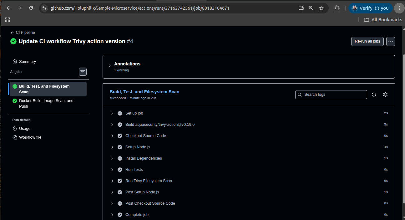 GitHub Actions build, test, and scan success