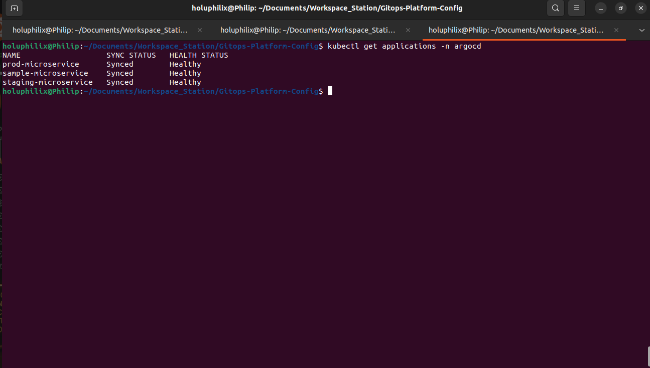 ArgoCD applications listing across dev, staging, prod