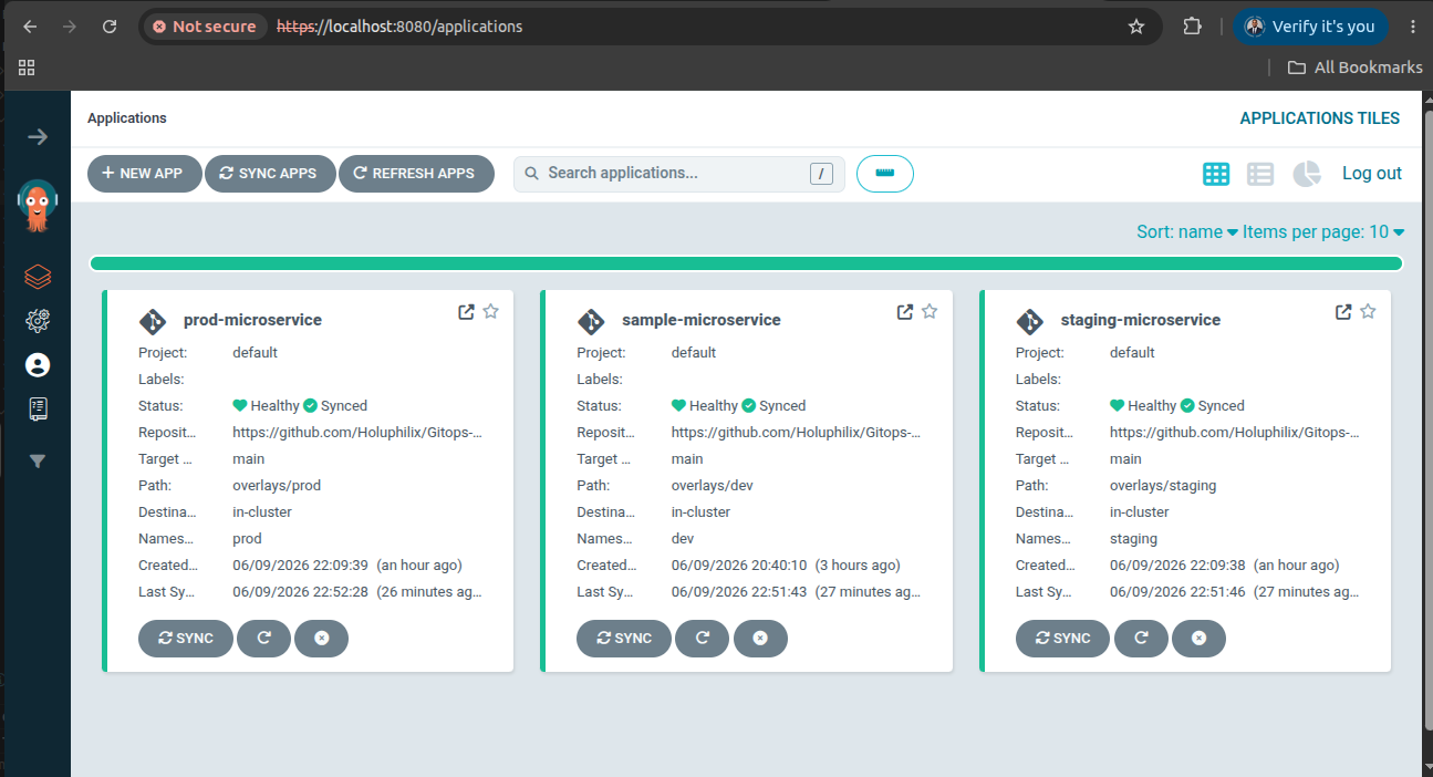 ArgoCD multi-environment dashboard showing application sync state