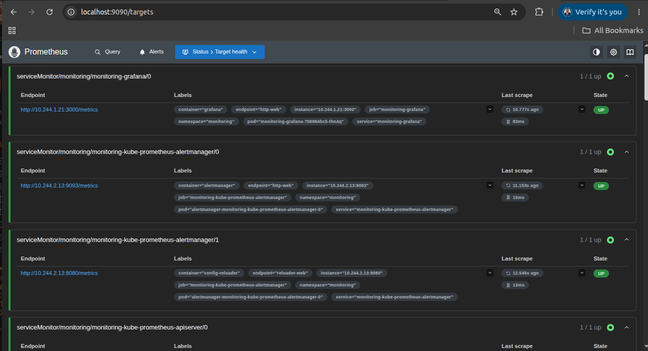Prometheus targets list showing exporters and services